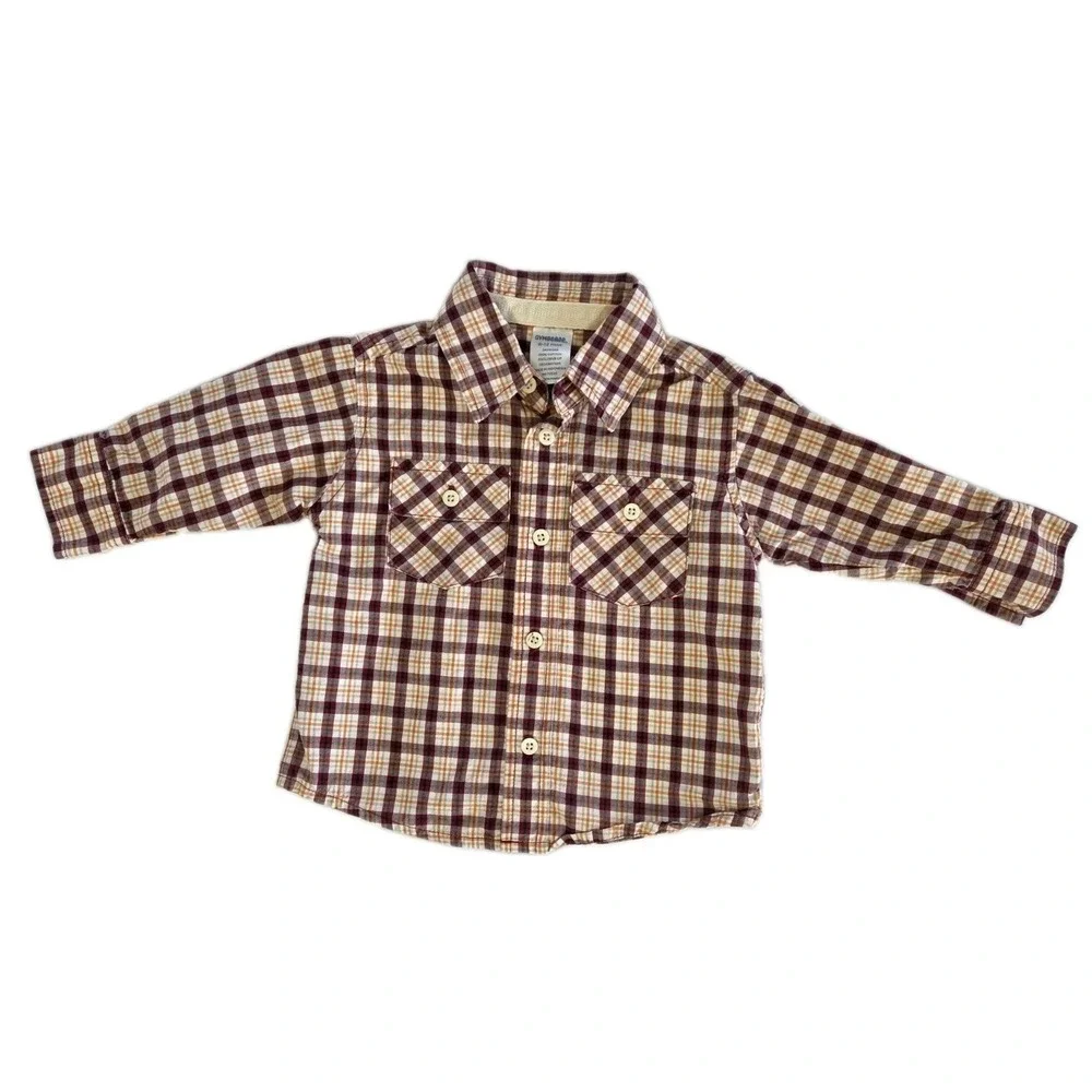 Gymboree Long Sleeve Button Down Shirt Maroon Beige Plaid Boys Size 6-12 Months